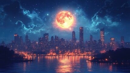 Obraz premium Night cityscape with huge orange moon reflecting on water.