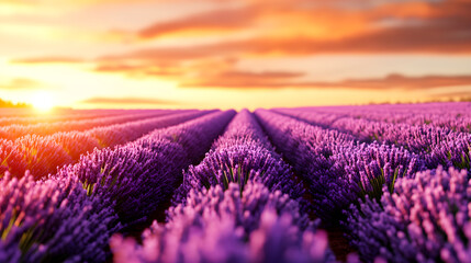 Obraz premium Lavender field under glowing golden sunset, creating serene atmosphere