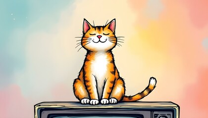 Plakat Happy Orange Tabby Cat on Vintage Television