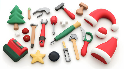 Colorful 3D Render of Christmas and Crafting Icons Including Trees, Tools, Decorations, and Holiday Accessories for Festive Designs and Creative Projects
