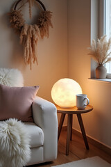 Scandinavian, hygge interior design of cozy modern living room with soft glowing fur, fluffy lamp, cup on wooden side table and natural decorative elements, including soft pillows and warm lighting.
