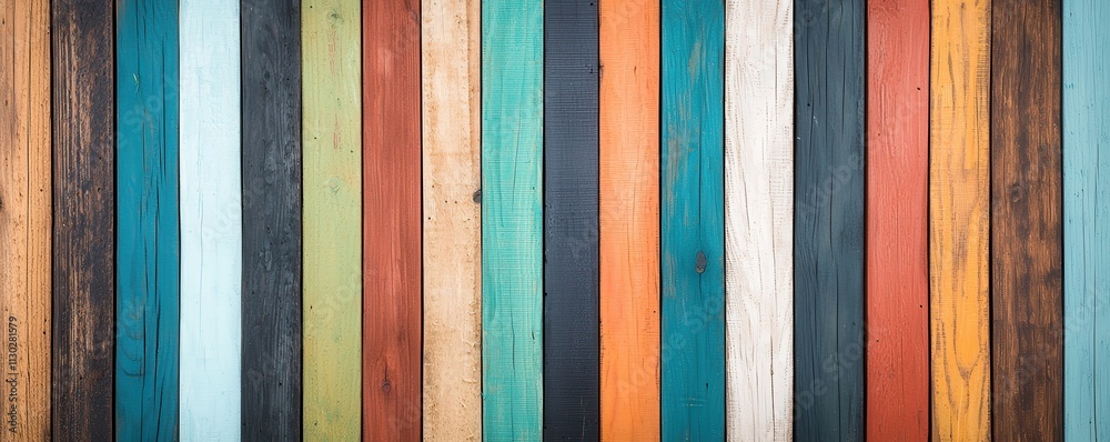 Poster a vibrant array of wooden planks in various colors, showcasing a textured, rustic aesthetic that add