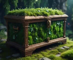 Lush green moss covering a weathered crystal chest filled with glittering crystals , mysterious, green, tropical