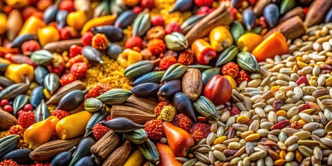 Low-light photography reveals the coarse detail of bird and livestock feed, seed and grain.