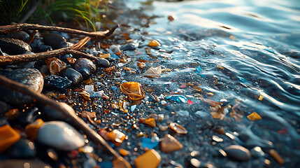 Fototapeta premium Microplastics and debris scattered on rocky shoreline, reflecting sunlight