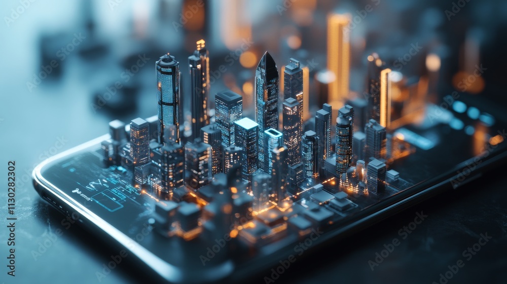Wall mural realistic vector set of laptop, smartphone and computer with internet of things and smart city devic