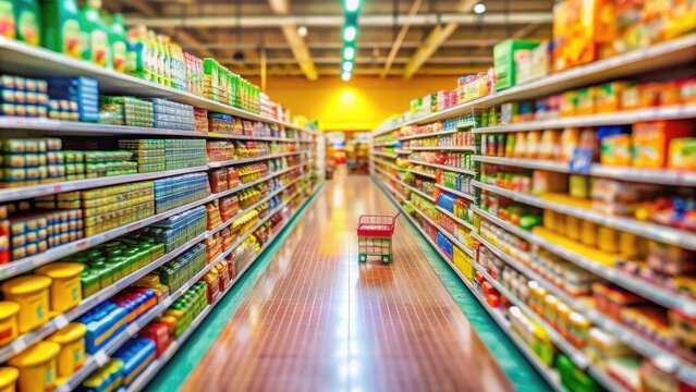 Tilt-shift transforms a supermarket into a whimsical miniature world, showcasing diecast groceries and toy store charm.