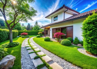 White walls bask in sunshine, green grass stretches wide, a stone path leads to a flourishing garden, trees stand tall nearby.