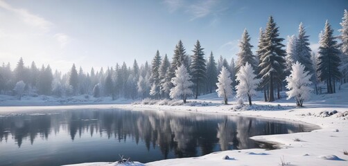 Peaceful winter landscape with a frozen lake and snow-covered trees, quiet contemplation , serene ambiance