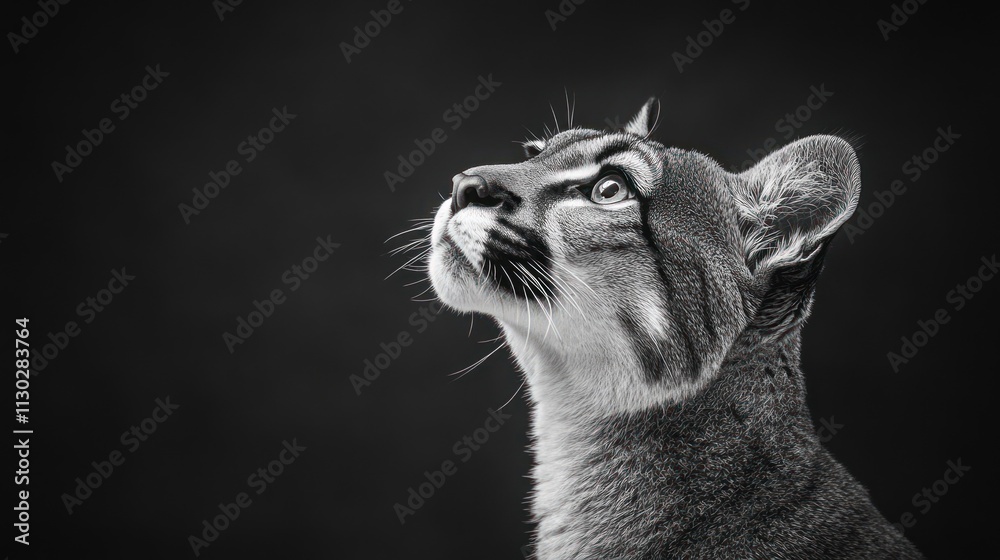 Poster a black-and-white portrait of a puma gazing upwards, showcasing its features and expression.