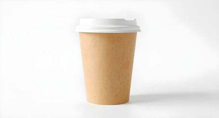 A brown paper cup with white solid background