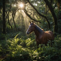 A horse resting in a tranquil jungle grove, with soft rays of light dappling the ground.