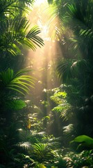 Naklejka premium A serene jungle scene with sunlight filtering through lush green foliage.