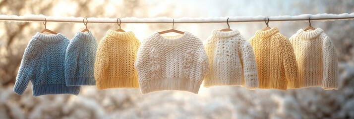 Baby Booties, Knitted Garlands on Clothesline in Natural Light, for Baby Products or Home Decor