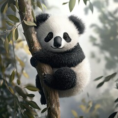 Adorable Panda Cub in Tree: A charming illustration of a fluffy panda cub clinging to a tree branch, surrounded by lush green leaves in a misty forest.