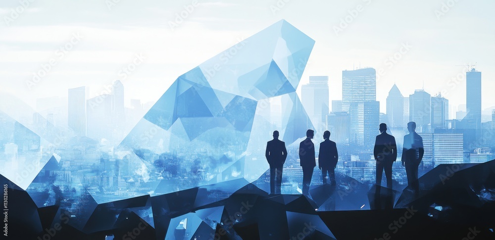 Poster silhouetted figures against a modern cityscape with abstract geometric shapes.