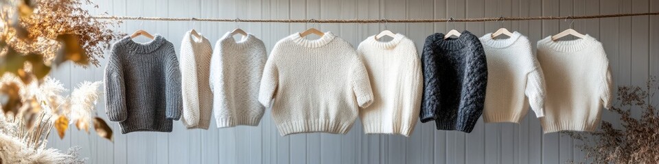 Variety of Outdoor-Hanging Cardigans and Sweaters, Each with Different Patterns and Colors, for Commercial Use