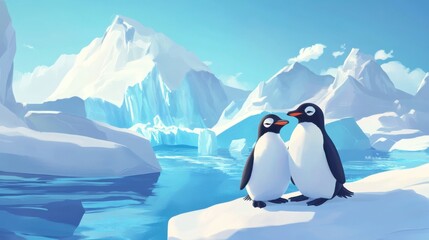 Fototapeta premium Penguin couple cuddling on a snowy patch of ice with a picturesque glacier behind them