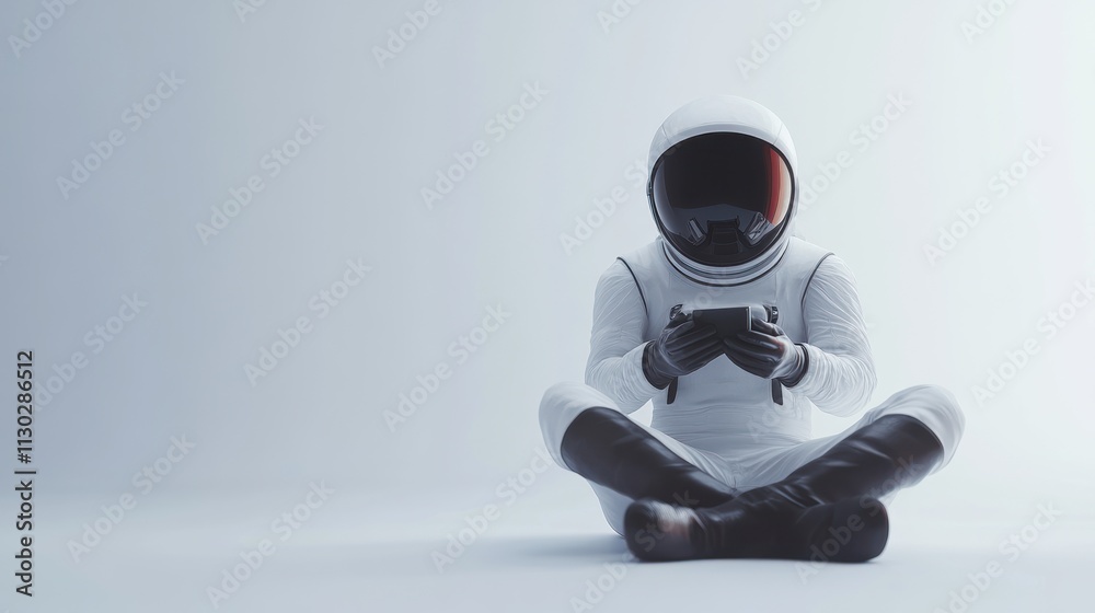 Aufkleber An astronaut sitting cross-legged, using a mobile device in a minimalist setting.