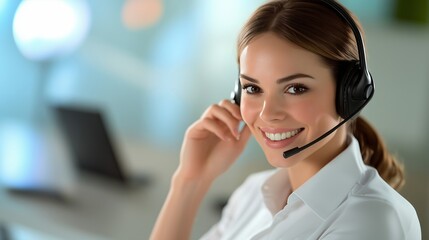 Smiling customer service representative wearing headset in office