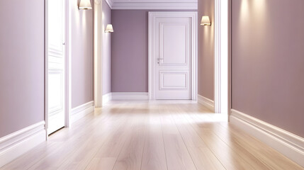 Fototapeta premium Minimalist hallway with light purple walls and wooden flooring, creating serene atmosphere