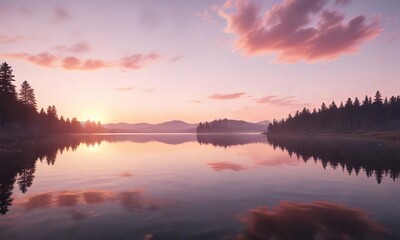 Fototapeta premium Soft pink hue of sunrise over calm lake surface, reflections, golden light
