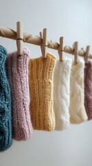 Handmade Knitted Items (Crochet Hats & Scarf), Various Colors (Pink, Yellow, Teal, Beige) on a Light Background, Warm and Cozy Visual Style