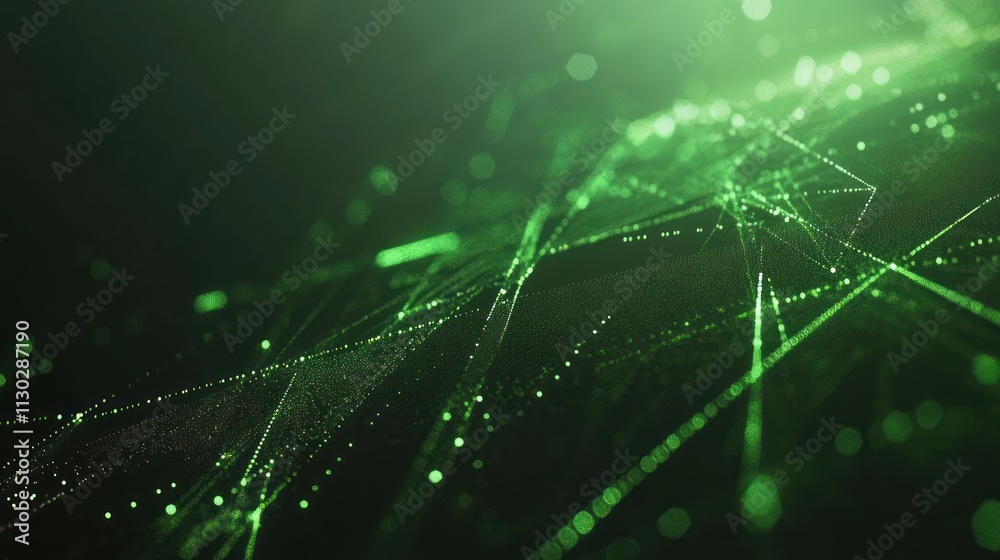 Leinwandbilder Abstract green digital landscape with lines and particles representing technology and data flow.