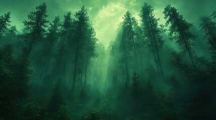 Mysterious green forest shrouded in fog, tall trees.