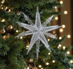 Sparkling icicle ornaments on a star-shaped Christmas tree , glittering, winter scene