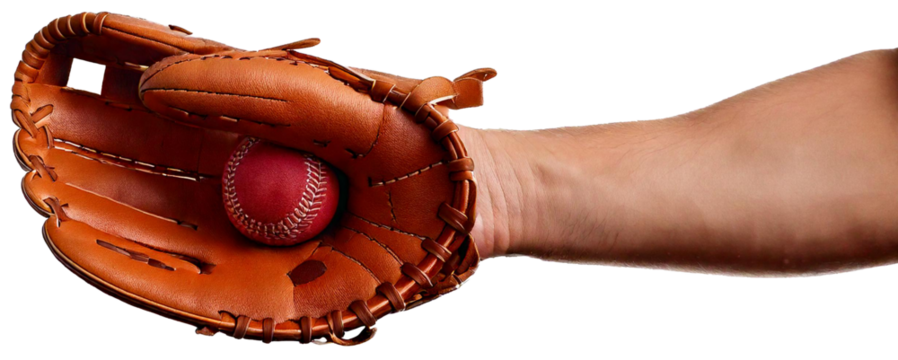 hand in baseball glove with red ball isolated on white background