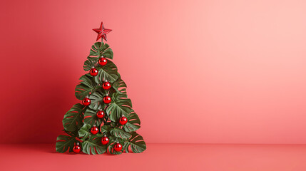 A Christmas tree made of beautiful monstera leaves with red ornaments and a star on top, set against a solid pastel pink background, in the spirit of the New Year