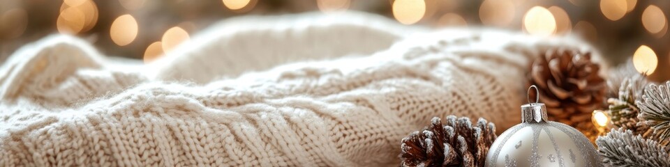 White Christmas Bed banner with Knitted Garland, Pine Cones, and Ornaments, Soft Blurred Background