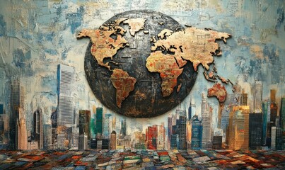 Fototapeta premium Textured globe, cityscape, abstract painting.