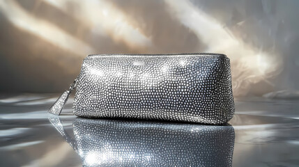 Cosmetic bag mockup with silver rhinestones on reflective surface and soft lighting, glamorous style, copy space