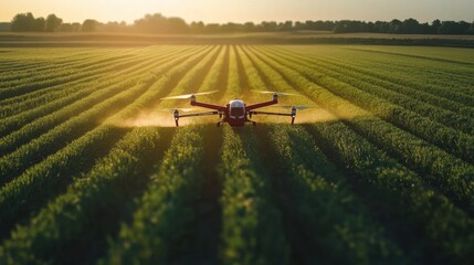 Agricultural drones flying over crops, spraying nutrients with precision and collecting aerial data