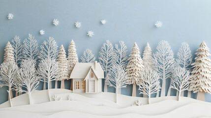 Serene Winter Landscape with Paper Cut Trees, Snowflakes and a Cozy House in Soft Blue Background, Perfect for Holiday and Seasonal Imagery