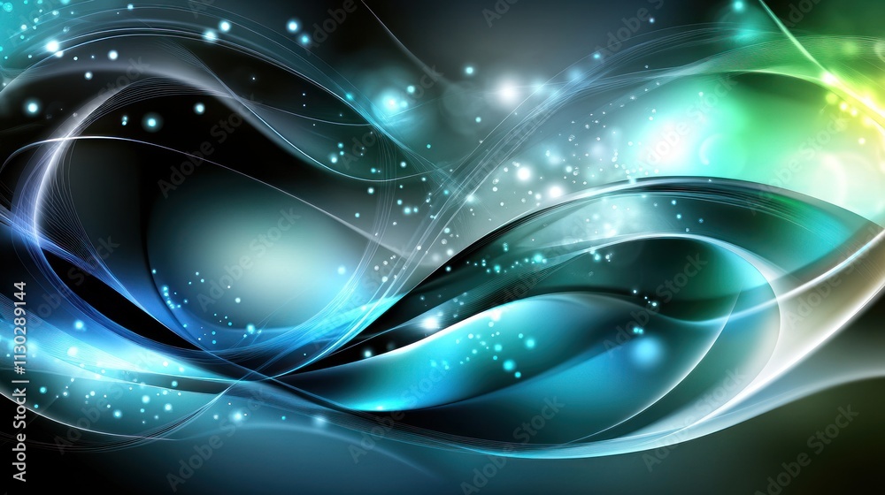 Poster Abstract design featuring flowing waves and glowing particles in vibrant colors.