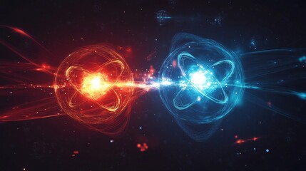Fototapeta premium atomic spheres collision, blue red quantum particles, glowing energy trails, deep space background, particle fusion visualization, dynamic orbital paths, cosmic balance illustration, ethereal light