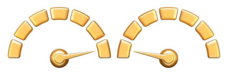 3d golden speedometer icon. High and low speed status. Scale score of speed, levels, meter, tachometer performance and rating. Stock vector illustration on isolated background.