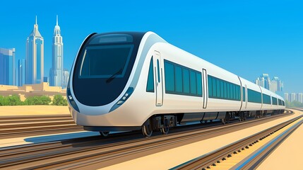 Modern High-Speed Train in Urban Setting with Skyscrapers and Clear Blue Sky