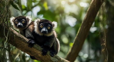 Obraz premium Curious lemurs in lush jungle habitat with sunlit canopy