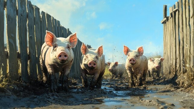 Playful piglets rolling in mud beside a wooden fence under a clear blue sky