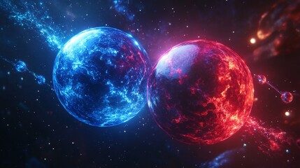 dueling energy orbs, contrasting red blue spheres, flowing light streams, dark cosmic void, quantum interaction scene, balanced particle paths, atomic fusion illustration, mystical energy