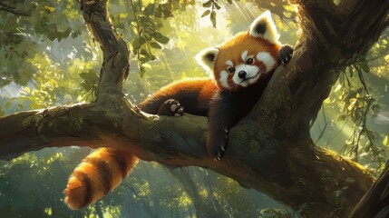 Fototapeta premium Playful red panda climbing through tree branches, dappled sunlight above