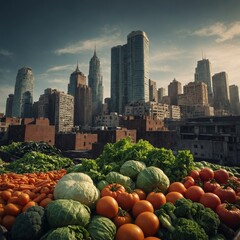 Illustrate a city skyline where buildings are inspired by vegetables.