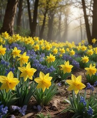 Obraz premium Yellow daffodils and bluebells swaying together, blooming flowers, spring flowers, nature photography