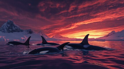 Fototapeta premium Pod of orcas swimming together under a vibrant Arctic sunset