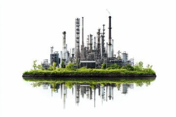 Obraz premium Industrial complex on island, reflected in water.