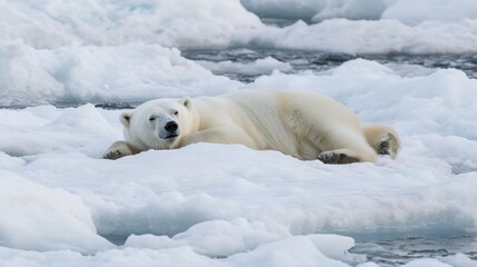 Polar bear lounging on ice floes under the Arctic sun with distant glaciers